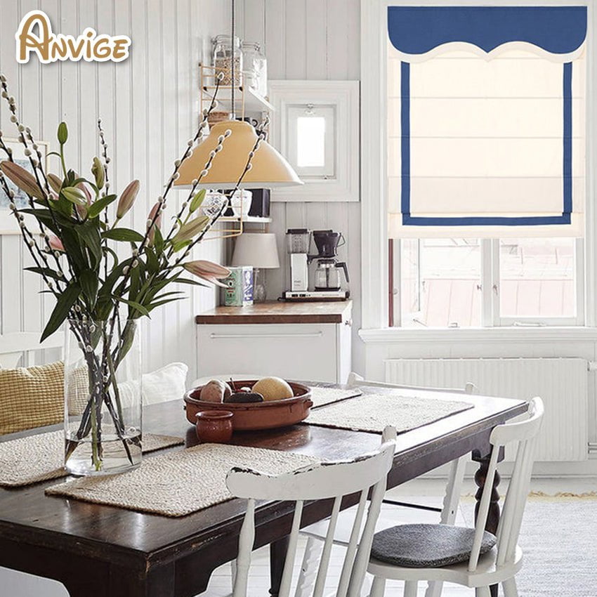Anvige Home Textile Roman Shade Anvige Flat Roman Shades,Hardware For Installation Included,Window Treatment,Custom Roman Blinds With Blue Heading,White With Blue Border Trims