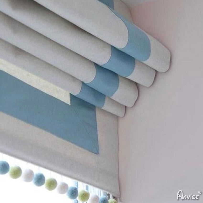 Anvige Home Textile Roman Shade Anvige Flat Roman Shades,Hardware For Installation Included,Window Treatment,Custom Roman Blinds With Blue Heading,White With Blue Border Trims and Pompoms