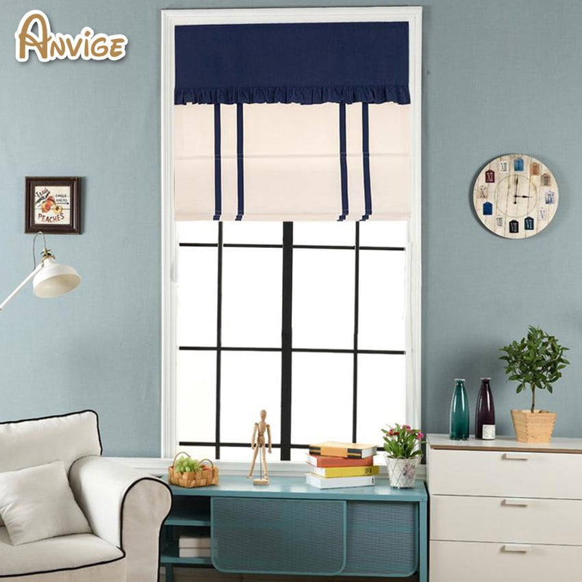 Anvige Flat Roman Shades,Hardware For Installation Included,Window Treatment,Custom Roman Blinds With Blue Valance,White With Blue Double Trims