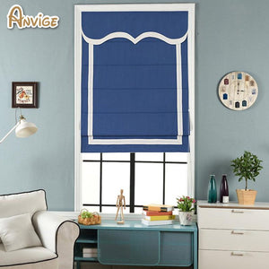 Anvige Flat Roman Shades,Hardware For Installation Included,Window Treatment,Custom Roman Blinds With Blue Wave Valance,Blue With White Border Trims