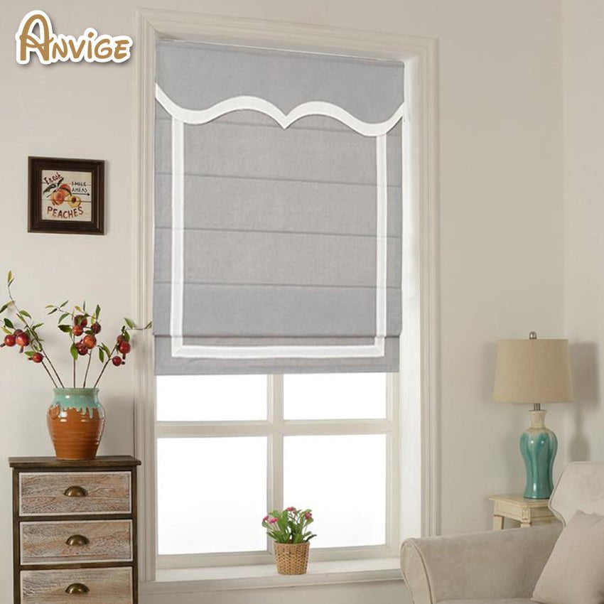 Anvige Flat Roman Shades,Hardware For Installation Included,Window Treatment,Custom Roman Blinds With Grey Wave Valance,Grey With White Border Trims