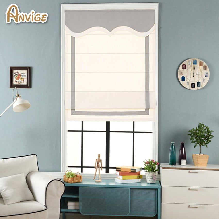 Anvige Flat Roman Shades,Hardware For Installation Included,Window Treatment,Custom Roman Blinds With Grey Wave Valance,White With Grey Border Trims