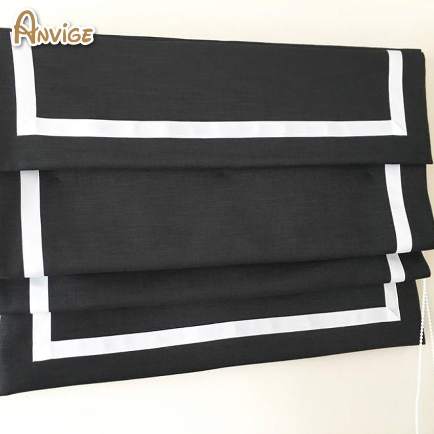 Anvige Home Textile Roman Shade Anvige Flat Roman Shades,Hardware For Installation Included,Window Treatment,Custom Roman Blinds With Head,Black With White Trims