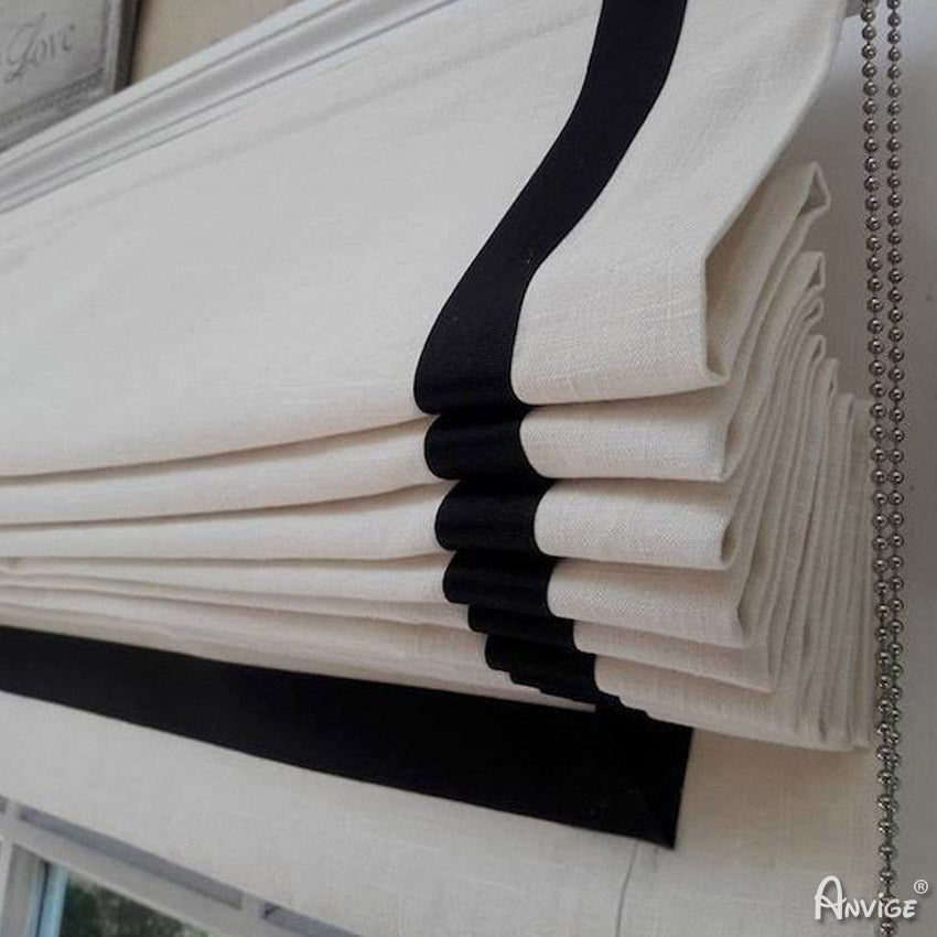 Anvige Home Textile Roman Shade Anvige Flat Roman Shades,Hardware For Installation Included,Window Treatment,Custom Roman Blinds With Heading,Cotton Linen White With Black Border Trims