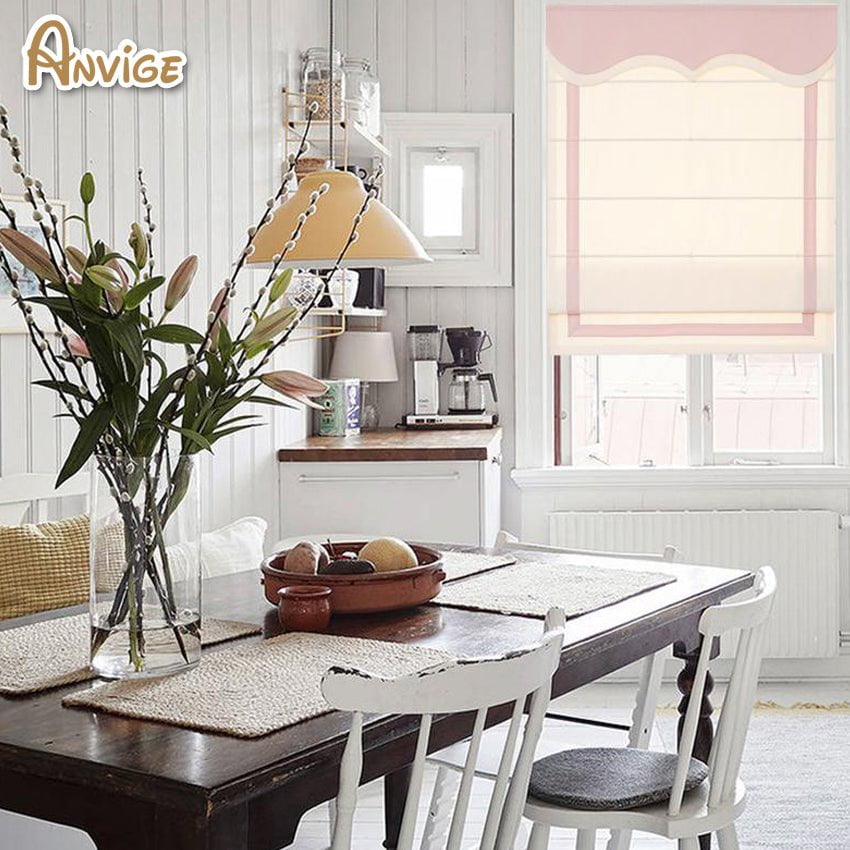 Anvige Home Textile Roman Shade Anvige Flat Roman Shades,Hardware For Installation Included,Window Treatment,Custom Roman Blinds With Pink Heading,White With Pink Border Trims
