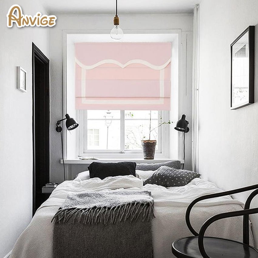 Anvige Home Textile Roman Shade Anvige Flat Roman Shades,Hardware For Installation Included,Window Treatment,Custom Roman Blinds With Pink Wave Valance,Pink With White Border Trims