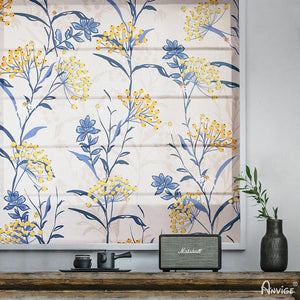 ANVIGE Garden Blue and Yellow Flowers Printed Customized Roman Shades ,Easy Install Washable Curtains ,Customized Window Curtain Drape, 24"W X 64"H