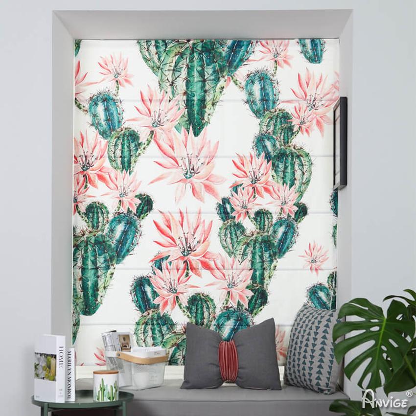 ANVIGE Garden Green Cactus Customized Printed Roman Shades ,Easy Install Washable Curtains ,Customized Window Curtain Drape, 24"W X 64"H