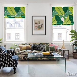 ANVIGE Green Banana Leaves Printed Customized Roman Shades ,Easy Install Washable Curtains ,Customized Window Curtain Drape, 24"W X 64"H
