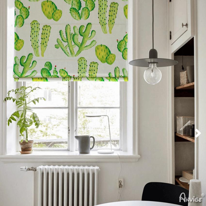 ANVIGE Green Cactus Printed Customized Roman Shades ,Easy Install Washable Curtains ,Customized Window Curtain Drape, 24"W X 64"H