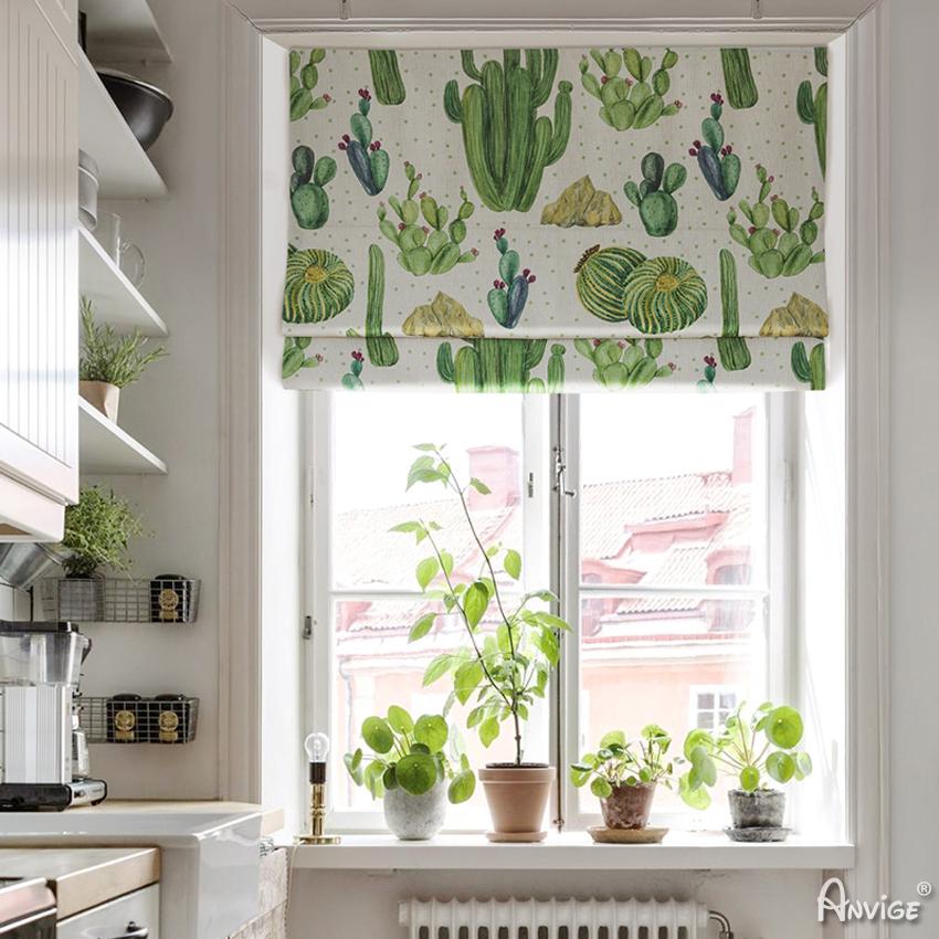 ANVIGE Pastoral Cactus Printed Customized Roman Shades ,Easy Install Washable Curtains ,Customized Window Curtain Drape, 24"W X 64"H