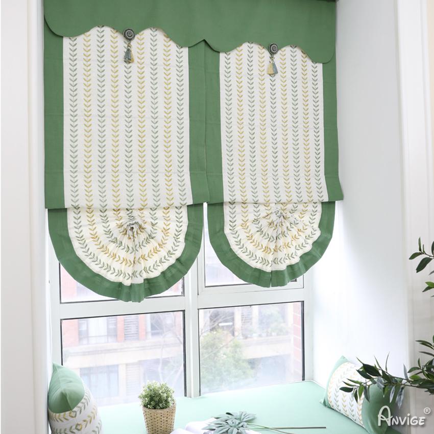 ANVIGE Pastoral Embroidered Leaves With Green Band Roman Shades ,Easy Install Washable Curtains ,Customized Window Curtain Drape, 24"W X 64"H
