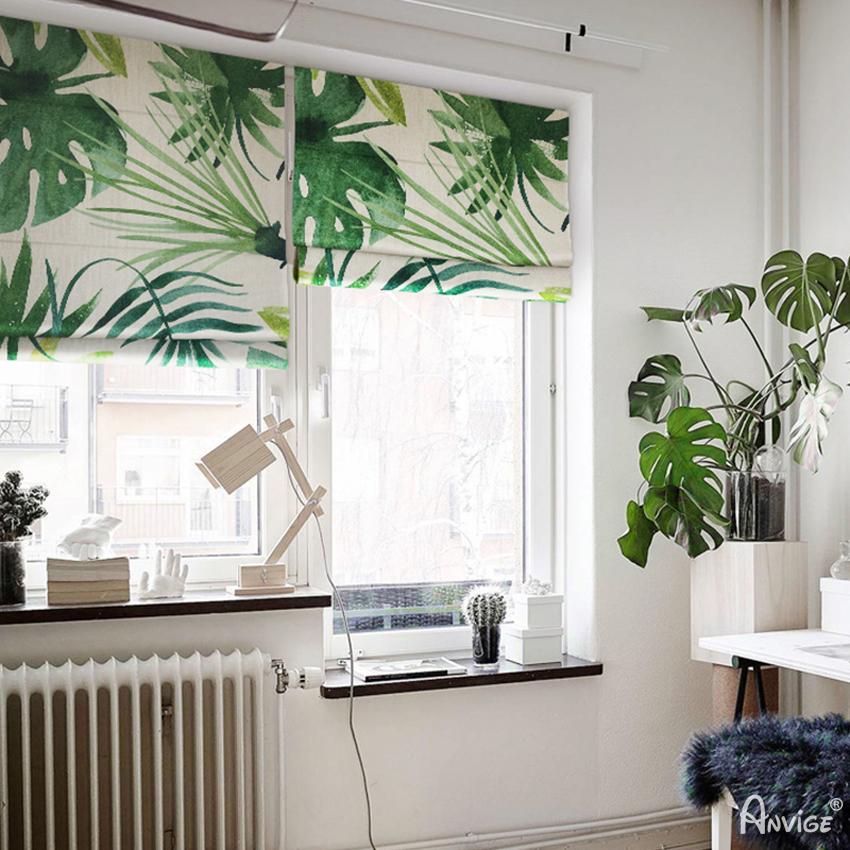 Pastoral Green Banana Tree Leaves Printed Customized Roman Shades ,Easy Install Washable Curtains