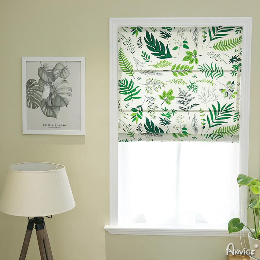 ANVIGE Pastoral Green Plants Printed Customized Fan Roman Shades ,Easy Install Washable Curtains ,Customized Window Curtain Drape, 24"W X 64"H