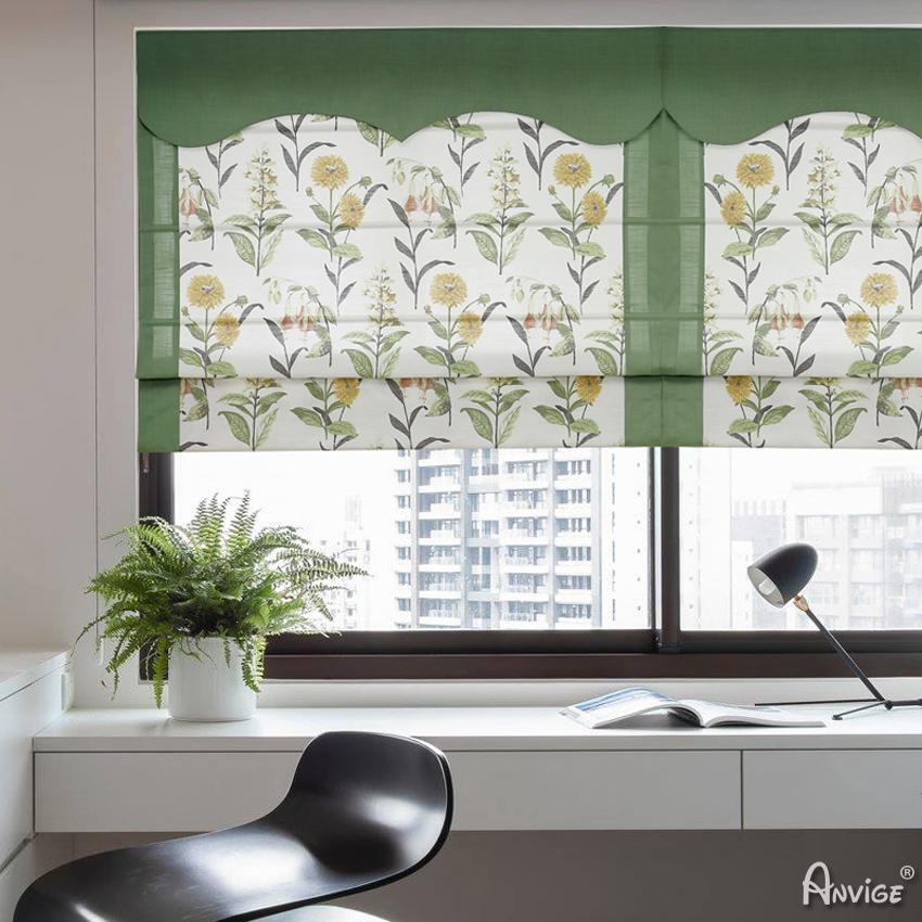 ANVIGE Pastoral Green Valance Natural Flowers Printed Customized Roman Shades ,Easy Install Washable Curtains ,Customized Window Curtain Drape, 24"W X 64"H