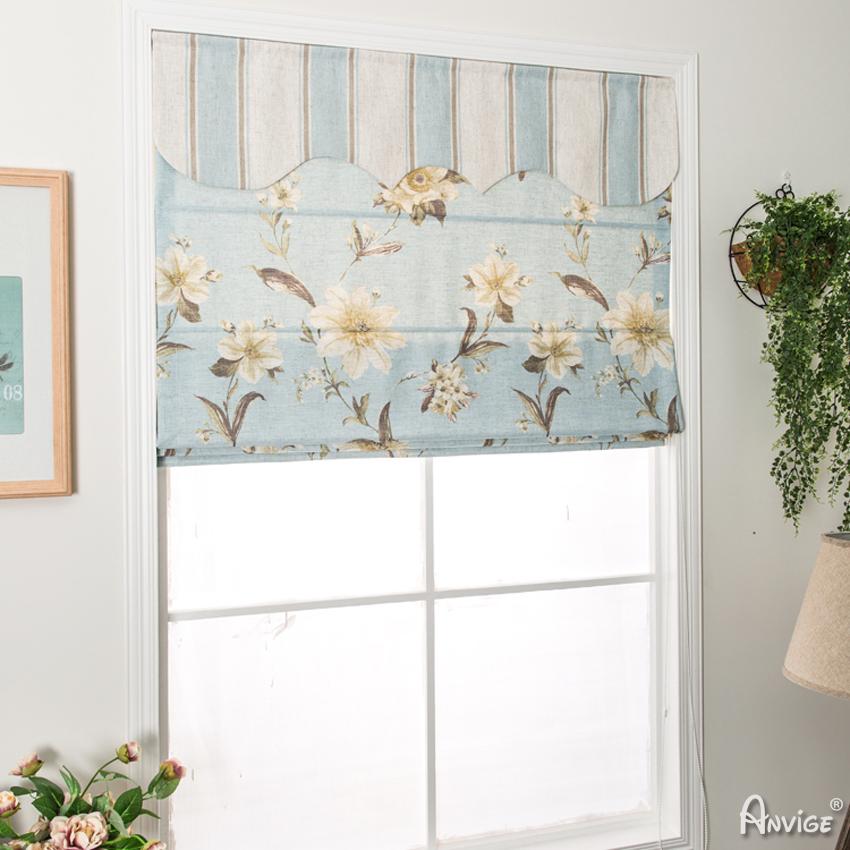 ANVIGE Pastoral Light Blue Fabric Flower Printed Roman Shades ,Easy Install Washable Curtains ,Customized Window Curtain Drape, 24"W X 64"H