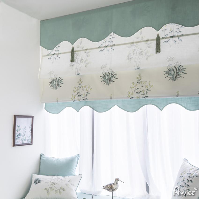 ANVIGE Pastoral Water and Grass With Blue Valance Printed Roman Shades ,Easy Install Washable Curtains ,Customized Window Curtain Drape, 24"W X 64"H
