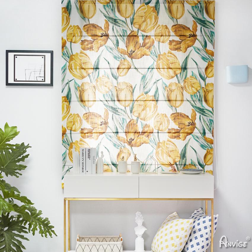 ANVIGE Pastoral Yellow Flowers Customized Printed Roman Shades ,Easy Install Washable Curtains ,Customized Window Curtain Drape, 24"W X 64"H