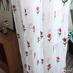 ANVIGE High Quality Cotton Linen Pink Flower Embroidered,Grommet Window Curtain Sheer Curtains For Living Room,52''Wx63''L,1 Panel
