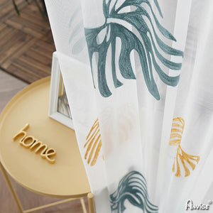 ANVIGE Pastoral Banana Leaves Embroidered,Grommet Window Curtain Sheer Curtains For Living Room,52''Wx63''L,1 Panel