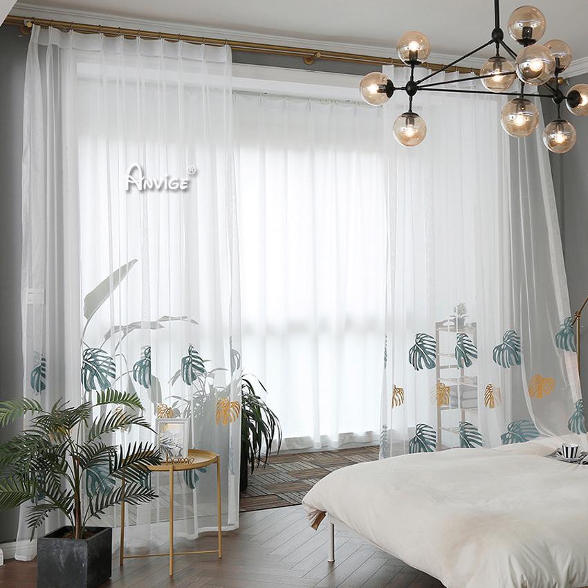 ANVIGE Pastoral Banana Leaves Embroidered,Grommet Window Curtain Sheer Curtains For Living Room,52''Wx63''L,1 Panel